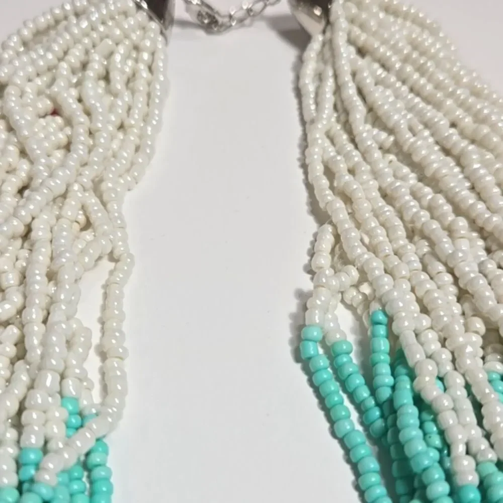 White and Turquoise Glass Beaded Necklace